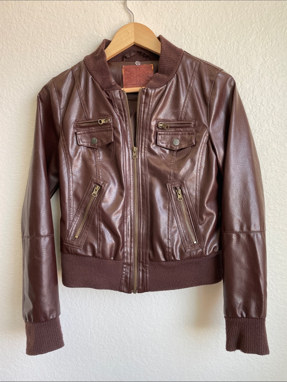 Miss London Chocolate Brown Faux Leather Bomber Jacket • Medium